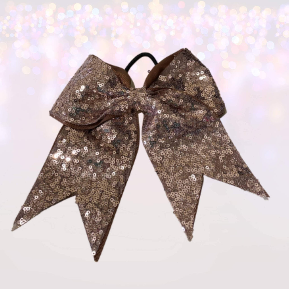 7 inch Sequin Cheer Bows hair bows set, brown/gold sequins with ponytail holders, 3-pack on Tampa Home & Garden Store