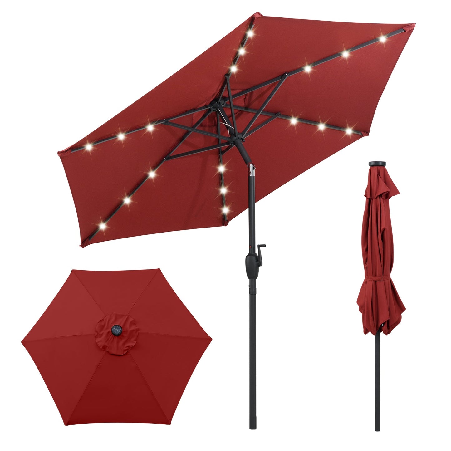 7.5 Feet Solar Powered Patio Umbrella with LED Lights and Crank Handle-Burgundy