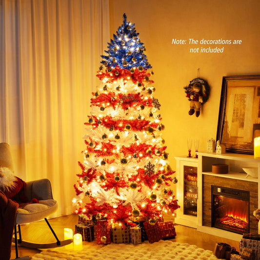 7.5 ft artificial Christmas tree with warm white LED lights blue red white in living room on Tampa Home & Garden Store