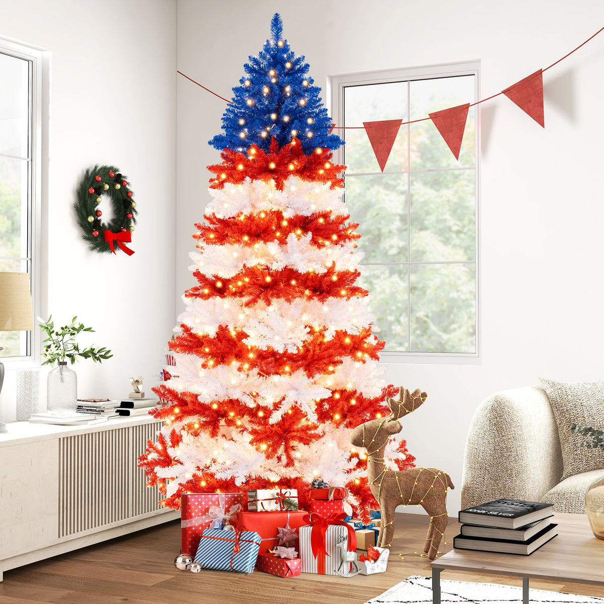 7.5 feet artificial Christmas tree DirectDeals with warm white LED lights blue red tiers on Tampa Home & Garden Store