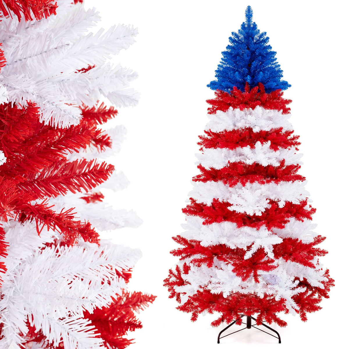 7.5 ft artificial tree with warm white LEDs, red white blue striped branches on stand on Tampa Home & Garden Store