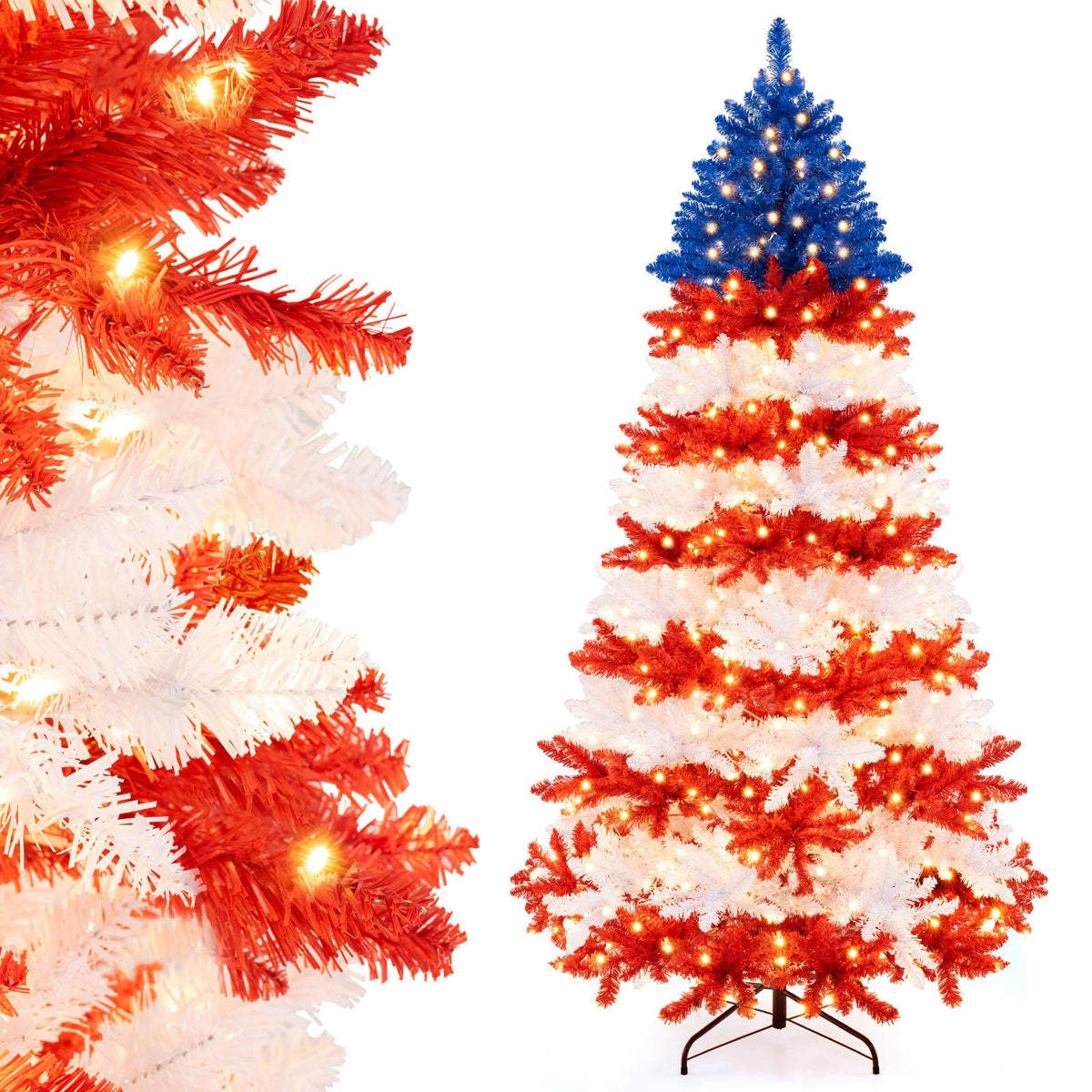 7.5 ft Christmas tree DirectDeals warm white LEDs in blue red white stripes metal stand on Tampa Home & Garden Store