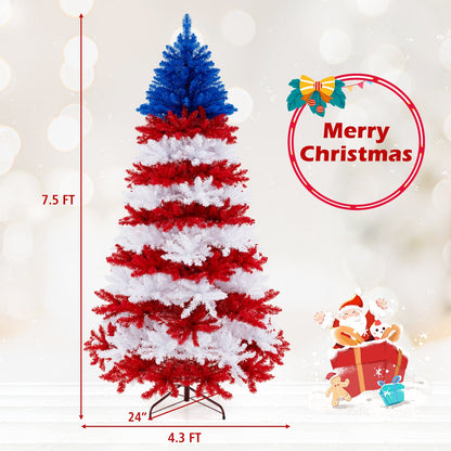 7.5 ft artificial Christmas tree with warm white LED lights, blue top and red-striped branches on Tampa Home & Garden Store