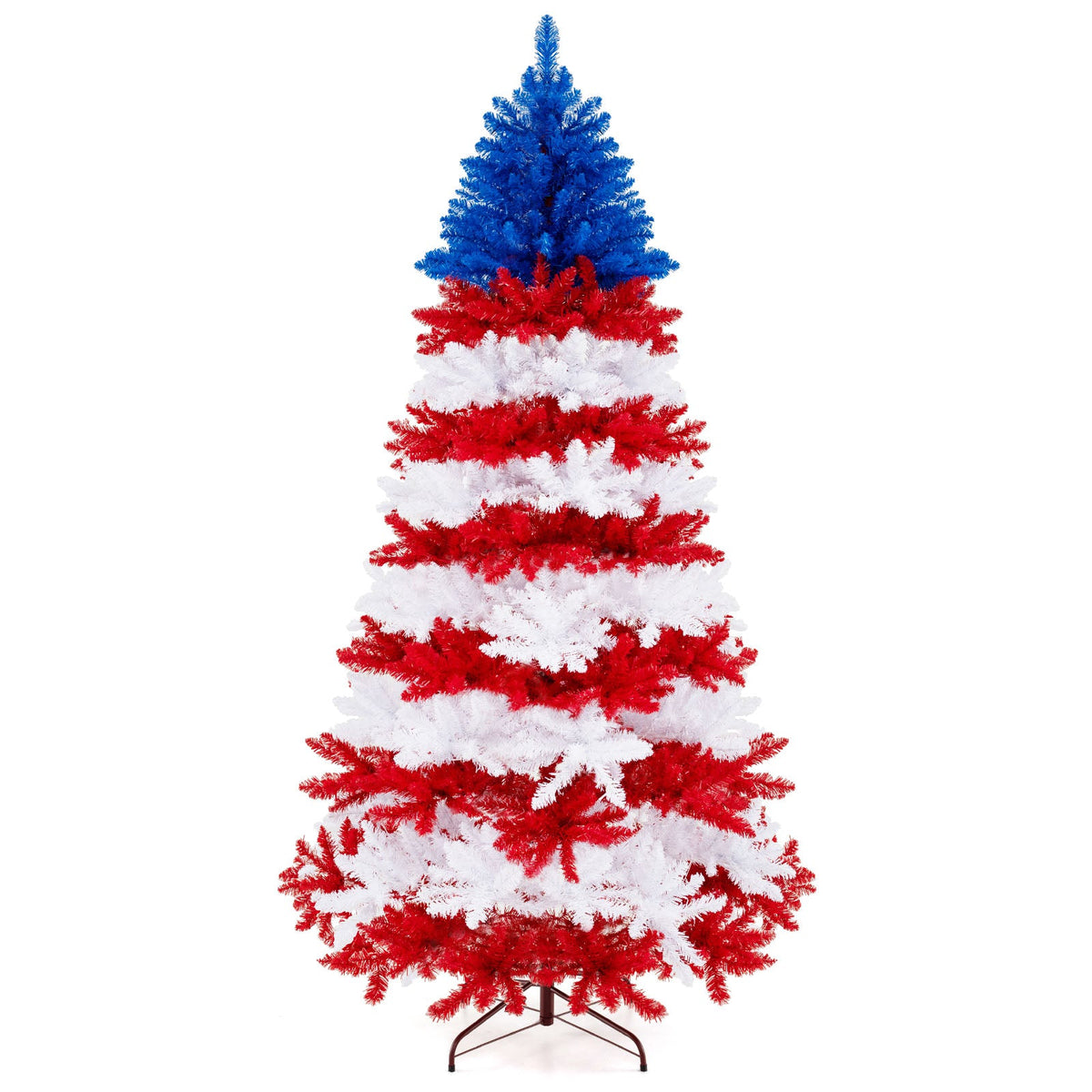 7.5 ft artificial Christmas tree with warm white LED lights wrapped in blue, red, and white garland DirectDeals on Tampa Home & Garden Store