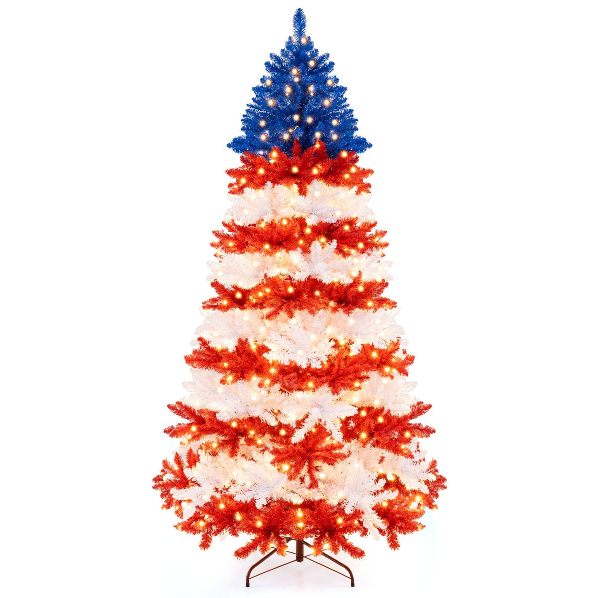7.5 ft artificial Christmas tree with warm white LEDs; blue top, red/white stripes, metal stand on Tampa Home & Garden Store