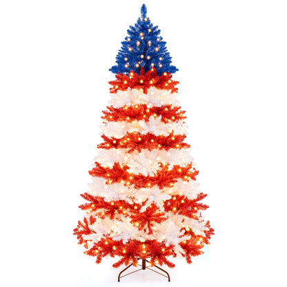 7.5 ft artificial Christmas tree with warm white LEDs; blue top, red/white stripes, metal stand on Tampa Home & Garden Store