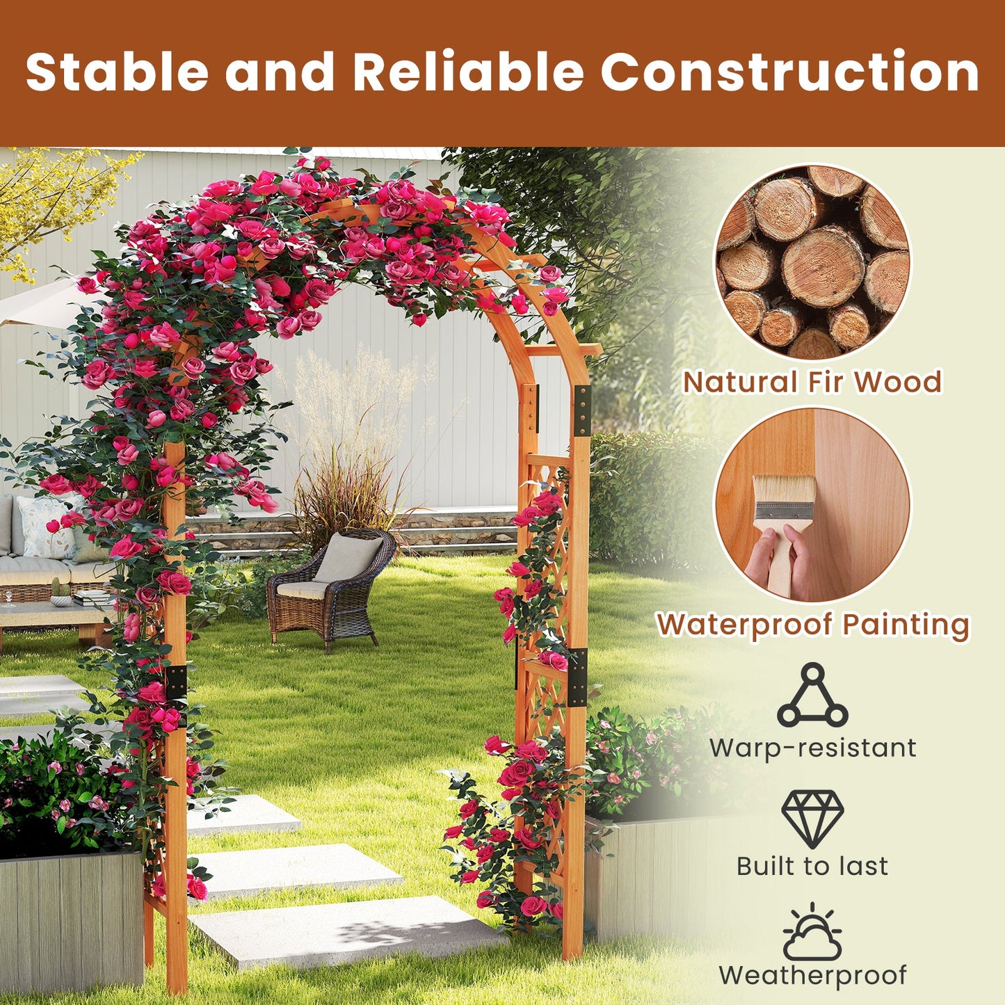 7.7 Feet Garden Arch Wooden Arbor for Climbing Plants