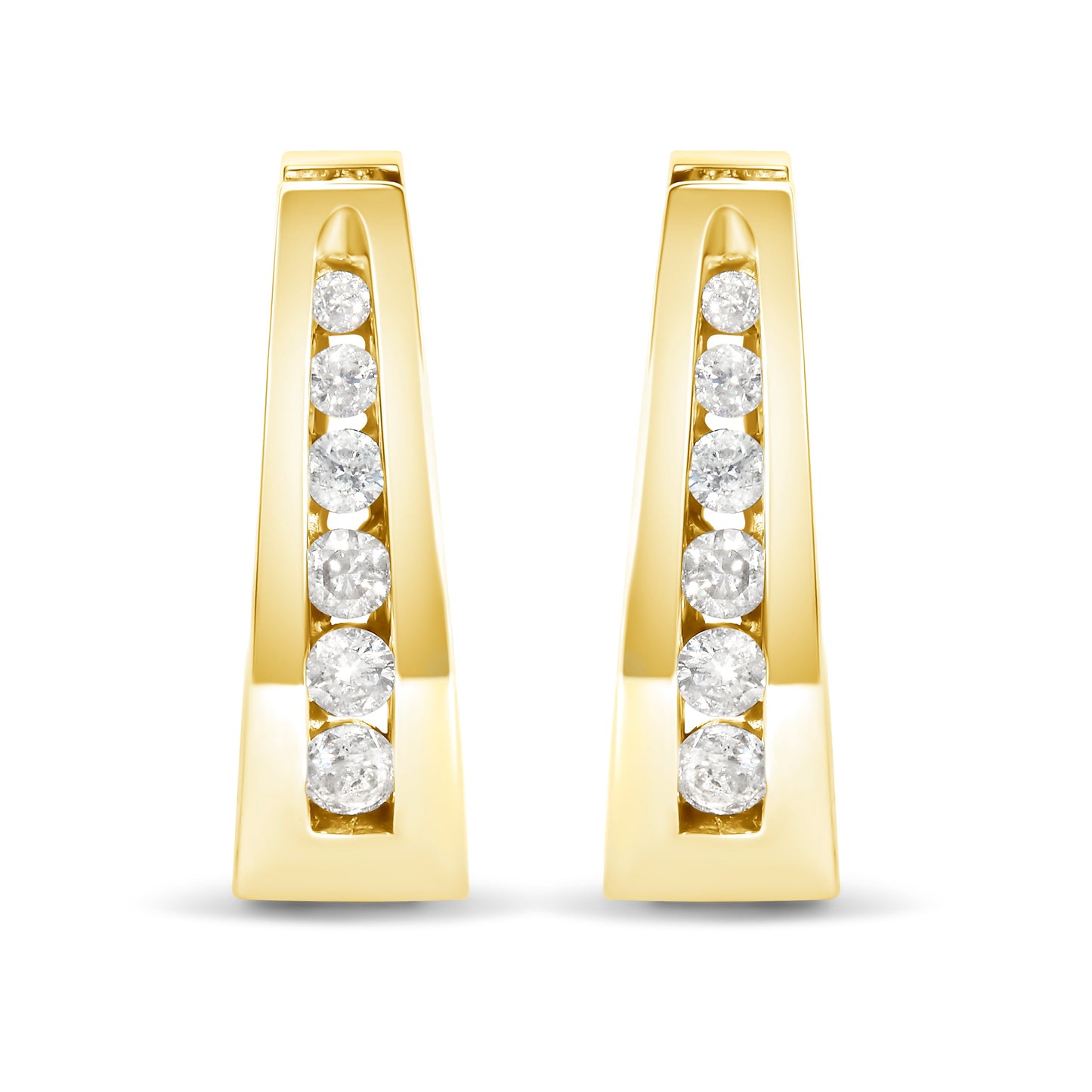 Pair of diamond hoop earrings in yellow gold with channel-set brilliant diamonds along inner edge on Tampa Home & Garden Store