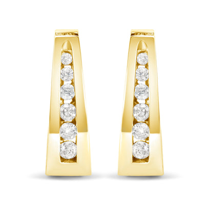 Pair of diamond hoop earrings in yellow gold with channel-set brilliant diamonds along inner edge on Tampa Home & Garden Store