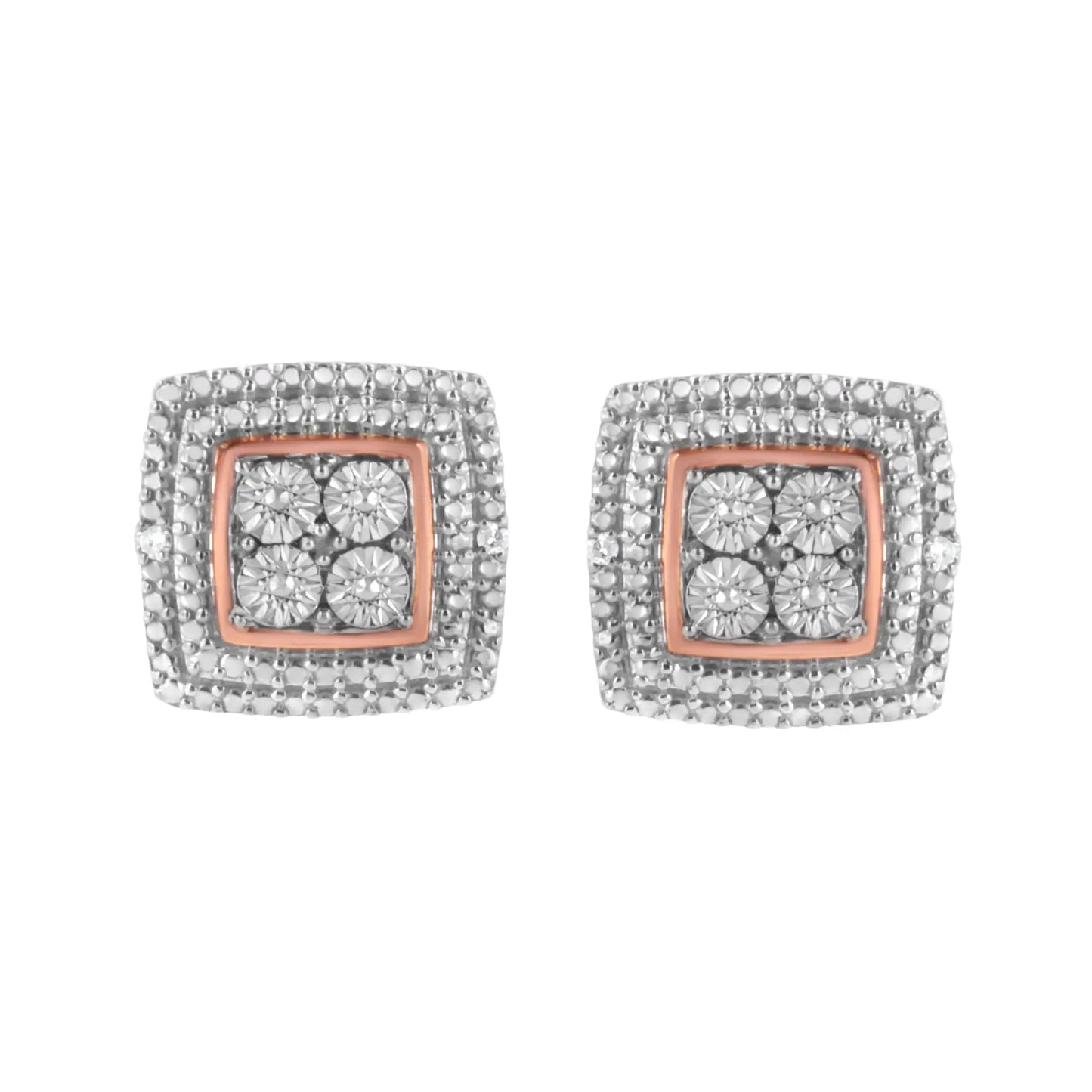 Pair of square halo earrings with rose-gold inner frame and pavé diamond accents in silver on Tampa Home & Garden Store