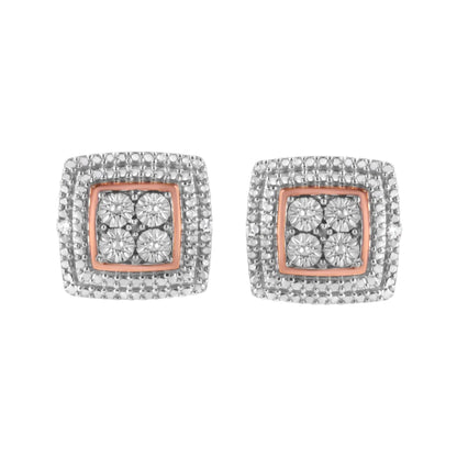 Pair of square halo earrings with rose-gold inner frame and pavé diamond accents in silver on Tampa Home & Garden Store