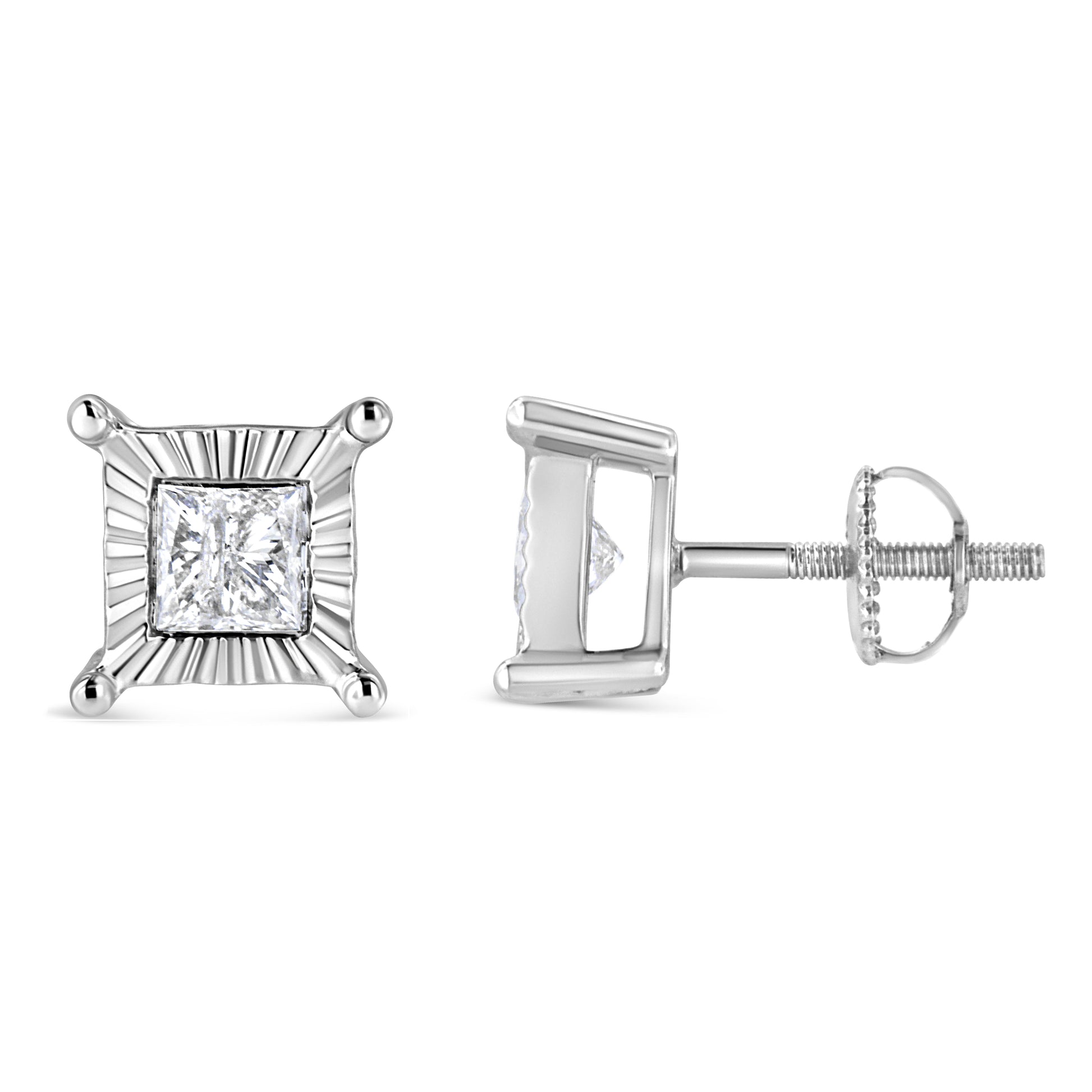 Miracle Set princess-cut diamond solitaire stud earrings in .925 sterling silver with sunburst setting on Tampa Home & Garden Store