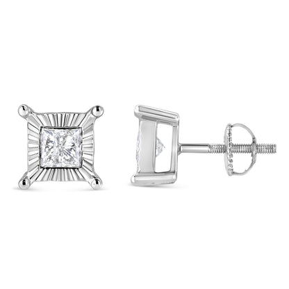 Miracle Set princess-cut diamond solitaire stud earrings in .925 sterling silver with sunburst setting on Tampa Home & Garden Store