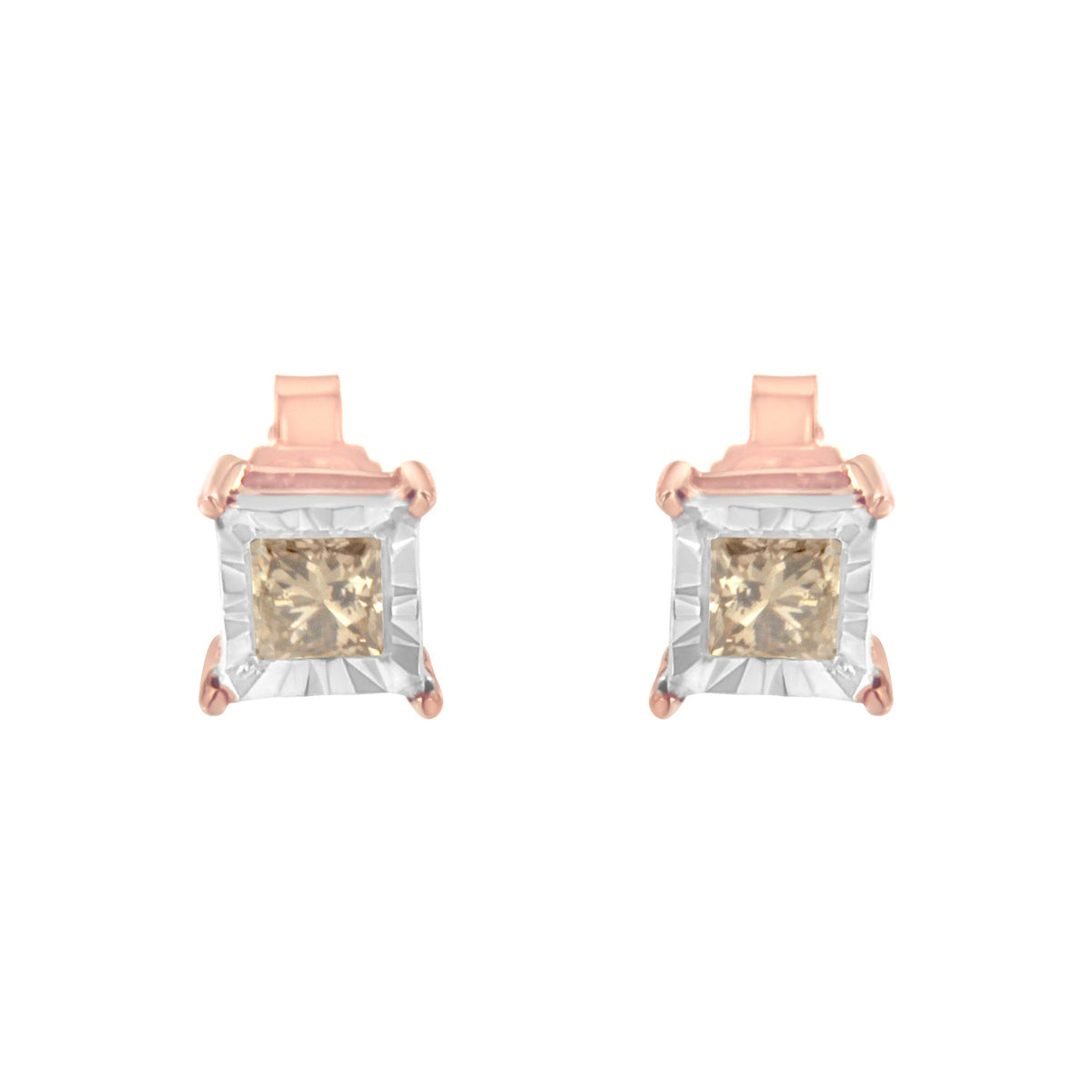 Pair of stud earrings rose gold plated two-tone with champagne princess-cut stones 1/2 cttw on Tampa Home & Garden Store