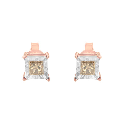 Pair of stud earrings rose gold plated two-tone with champagne princess-cut stones 1/2 cttw on Tampa Home & Garden Store