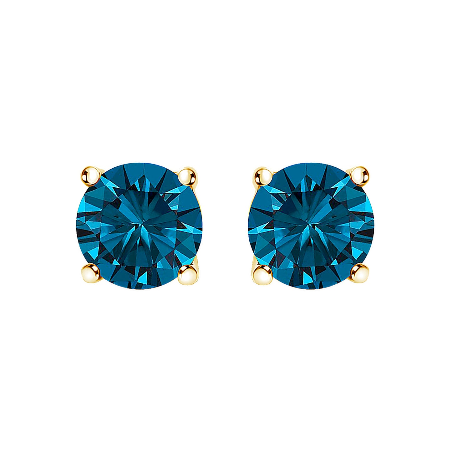 Blue lab-grown diamond stud earrings with gold prong settings, pair on Tampa Home & Garden Store