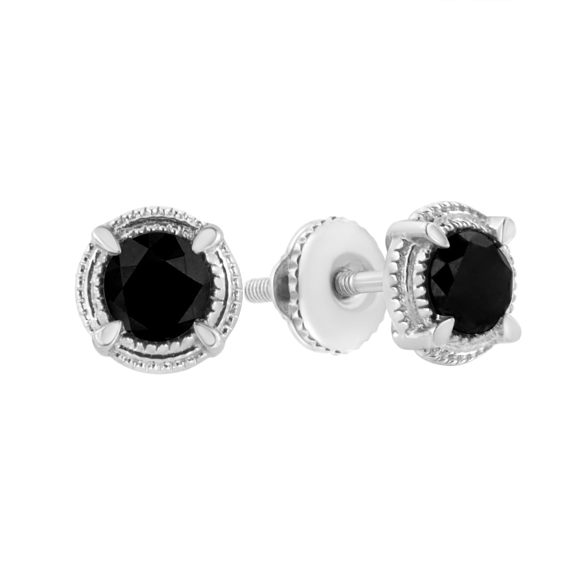 Three black diamond halo stud earrings in black rhodium-plated .925 silver with double milgrain halos on Tampa Home & Garden Store