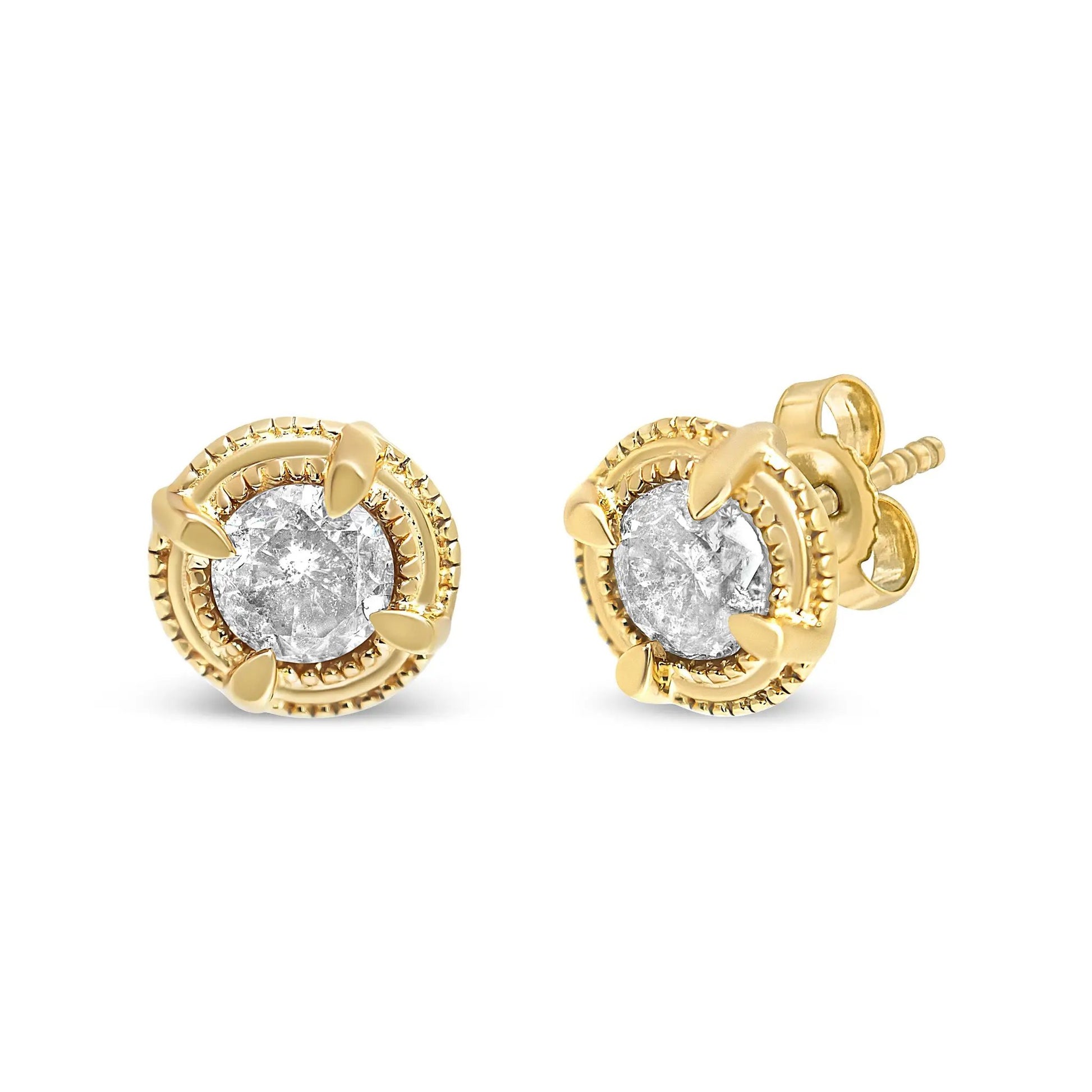 Gold plated 14K yellow gold round diamond stud earrings with milgrain bezel, 3 shown on Tampa Home & Garden Store