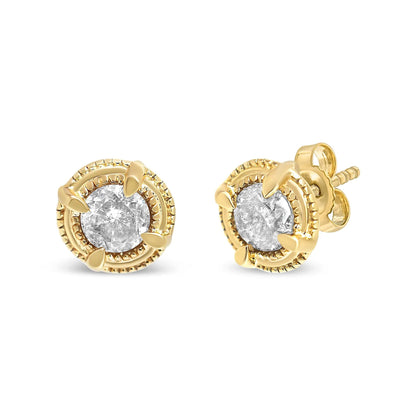 Gold plated 14K yellow gold round diamond stud earrings with milgrain bezel, 3 shown on Tampa Home & Garden Store