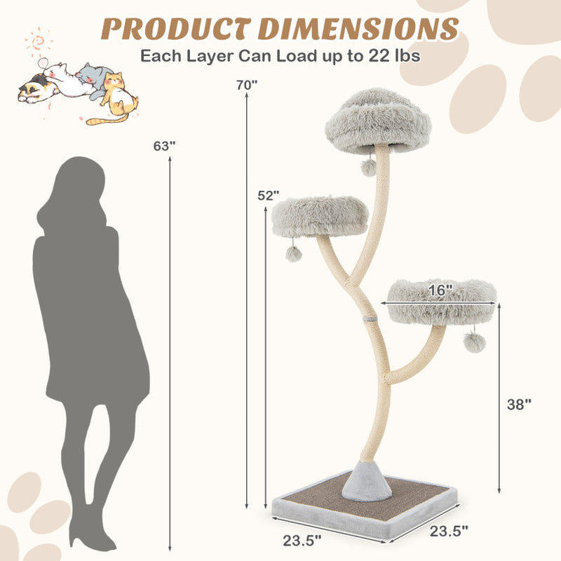 70" Tall Metal Cat Tree Tower with 3 Plush Perches & Sisal Scratching Posts - Tampa Home & Garden Store