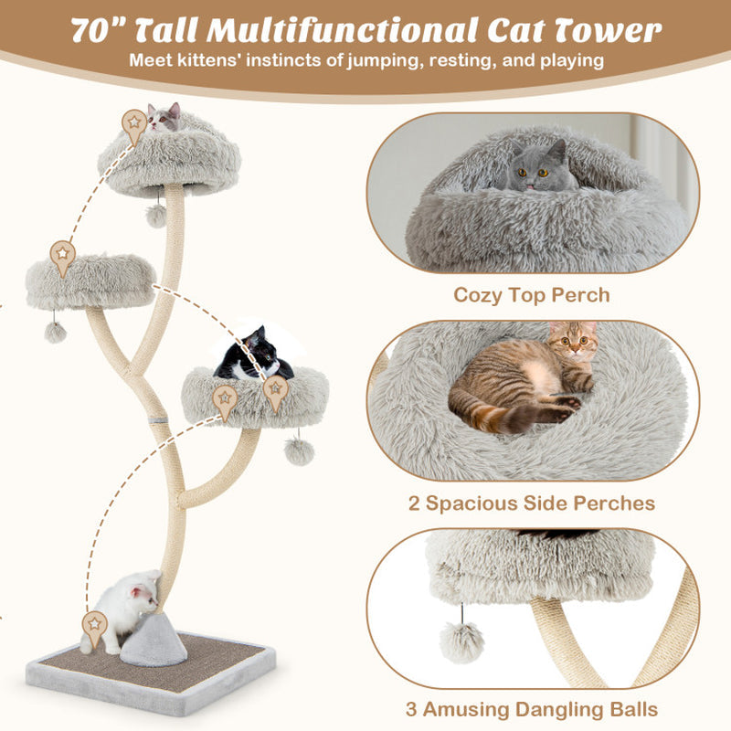 70" Tall Metal Cat Tree Tower with 3 Plush Perches & Sisal Scratching Posts - Tampa Home & Garden Store