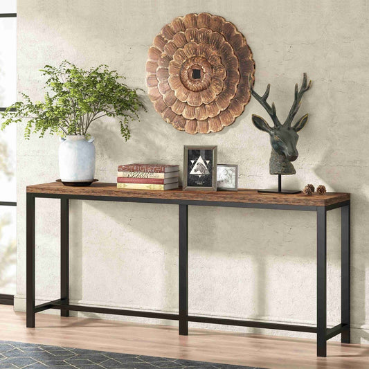 70-inch Long Narrow Hallway Sofa Table with Wood Top and Black Metal Frame - Tampa Home & Garden Store
