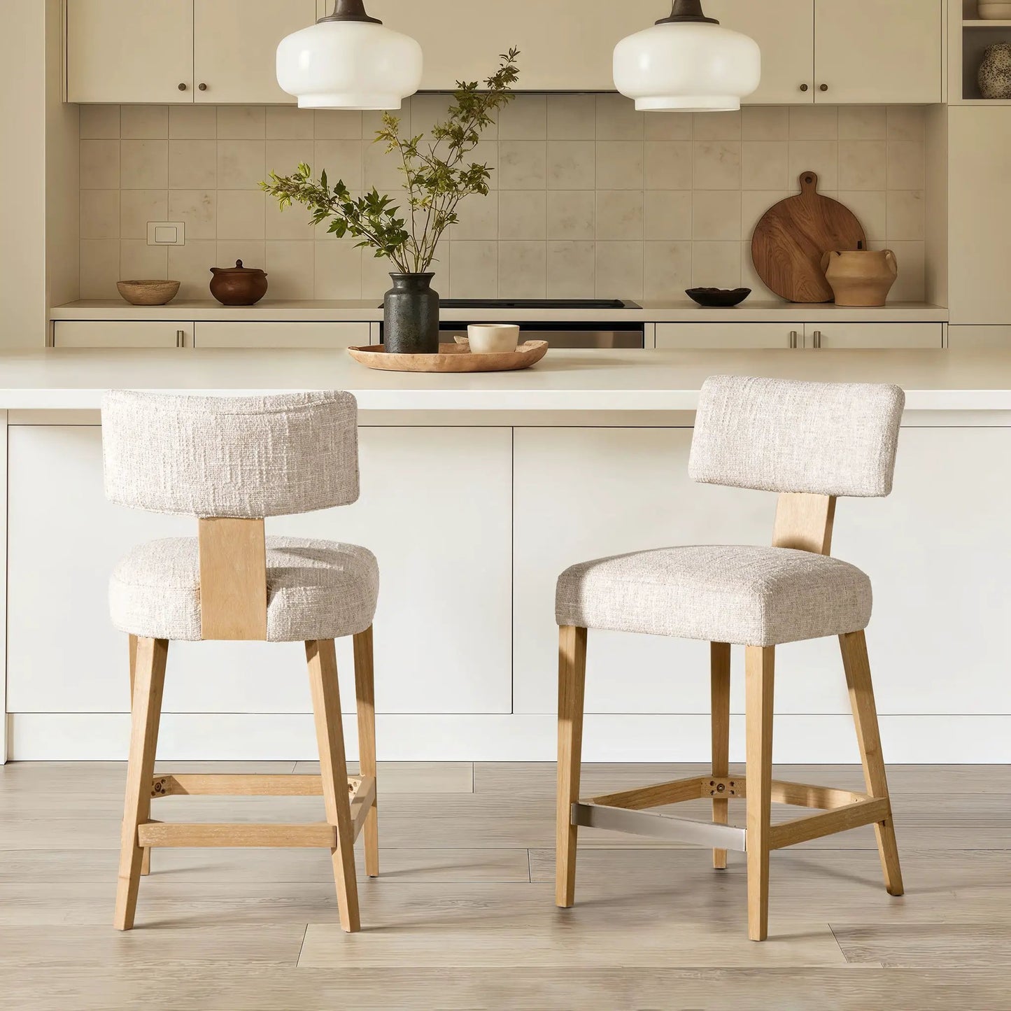 Penny round arched upholstered counter stools set of 2 travertine beige fabric with wood legs on Tampa Home & Garden Store