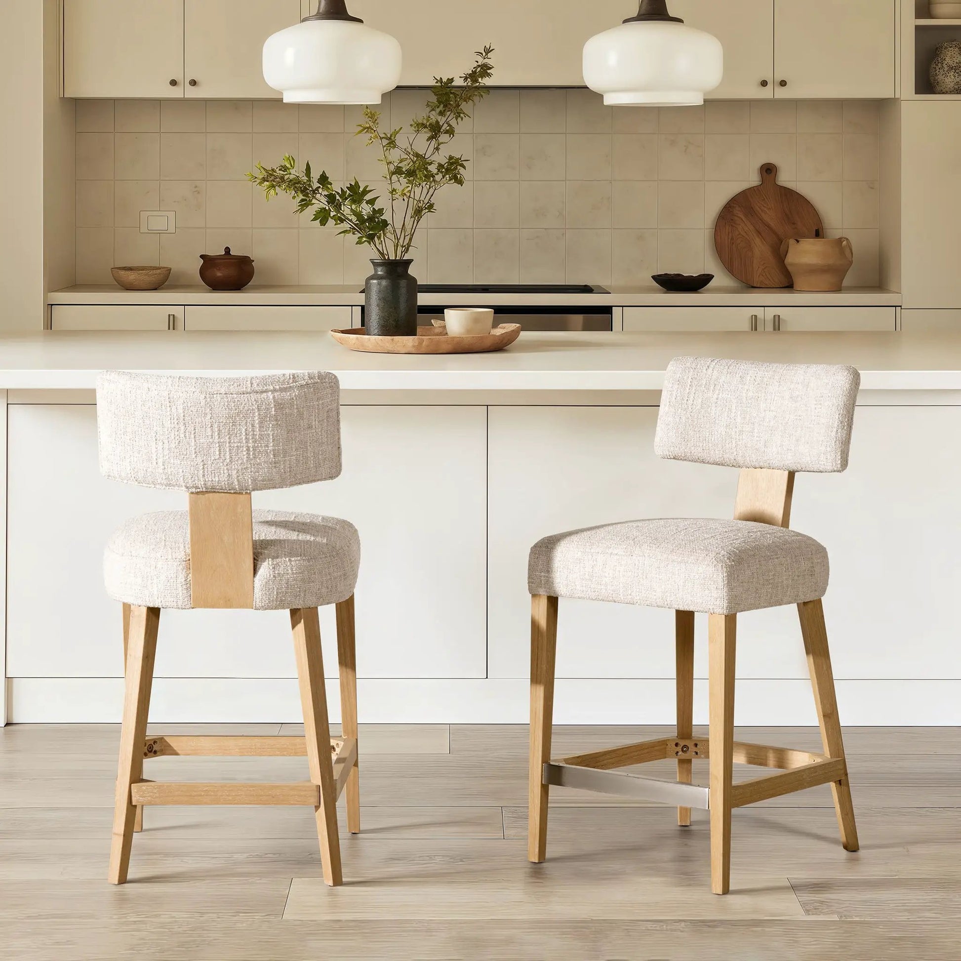 Penny round arched upholstered counter stools set of 2 travertine beige fabric with wood legs on Tampa Home & Garden Store