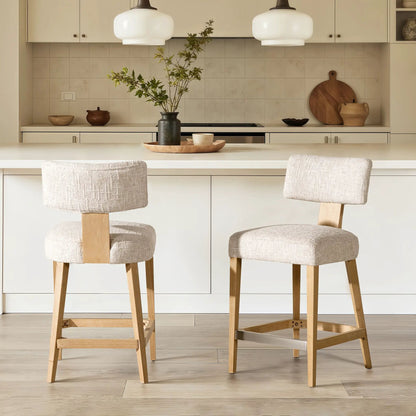 Penny round arched upholstered counter stools set of 2 travertine beige fabric with wood legs on Tampa Home & Garden Store