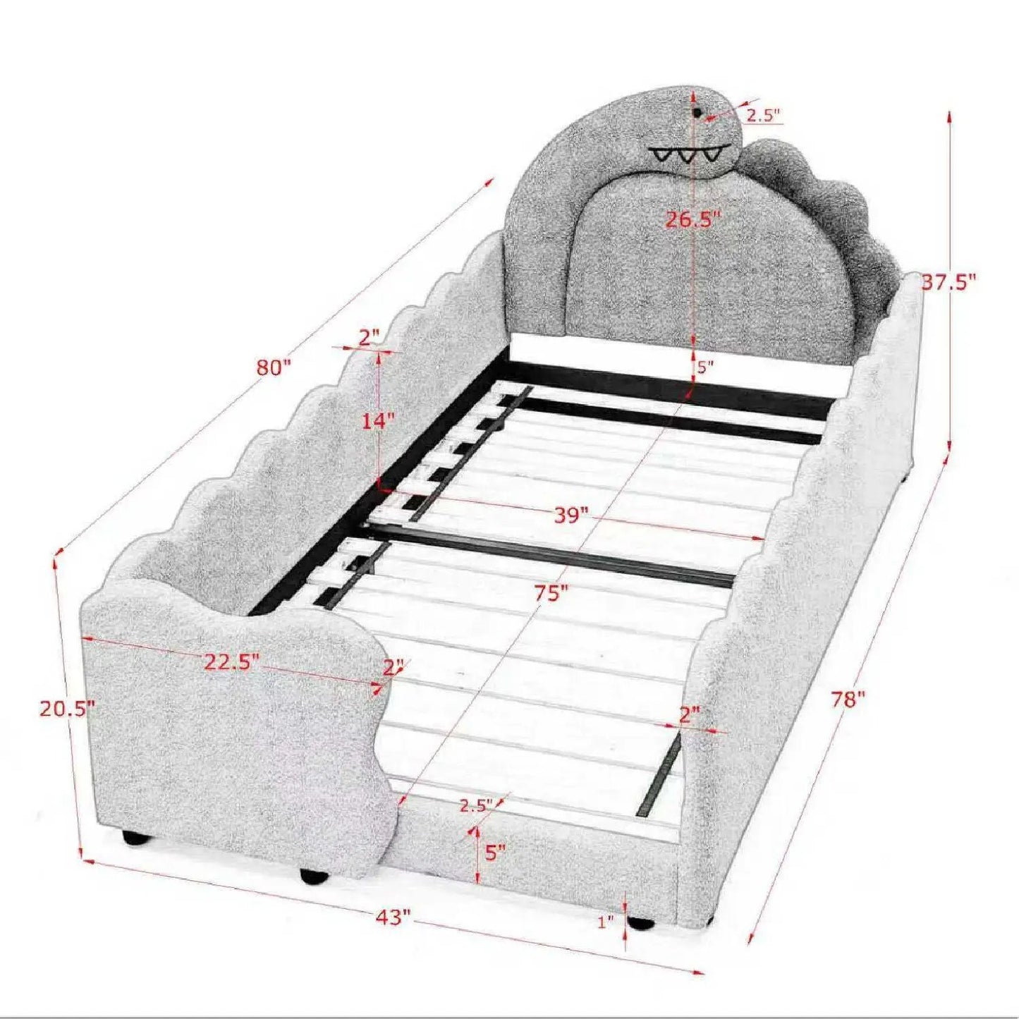 Cute Dinosaur Bed with Guardrail Toddler Frame