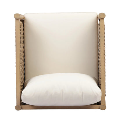 Set of 4 outdoor acacia wood patio chairs with beige cushions and woven side panels on Tampa Home & Garden Store