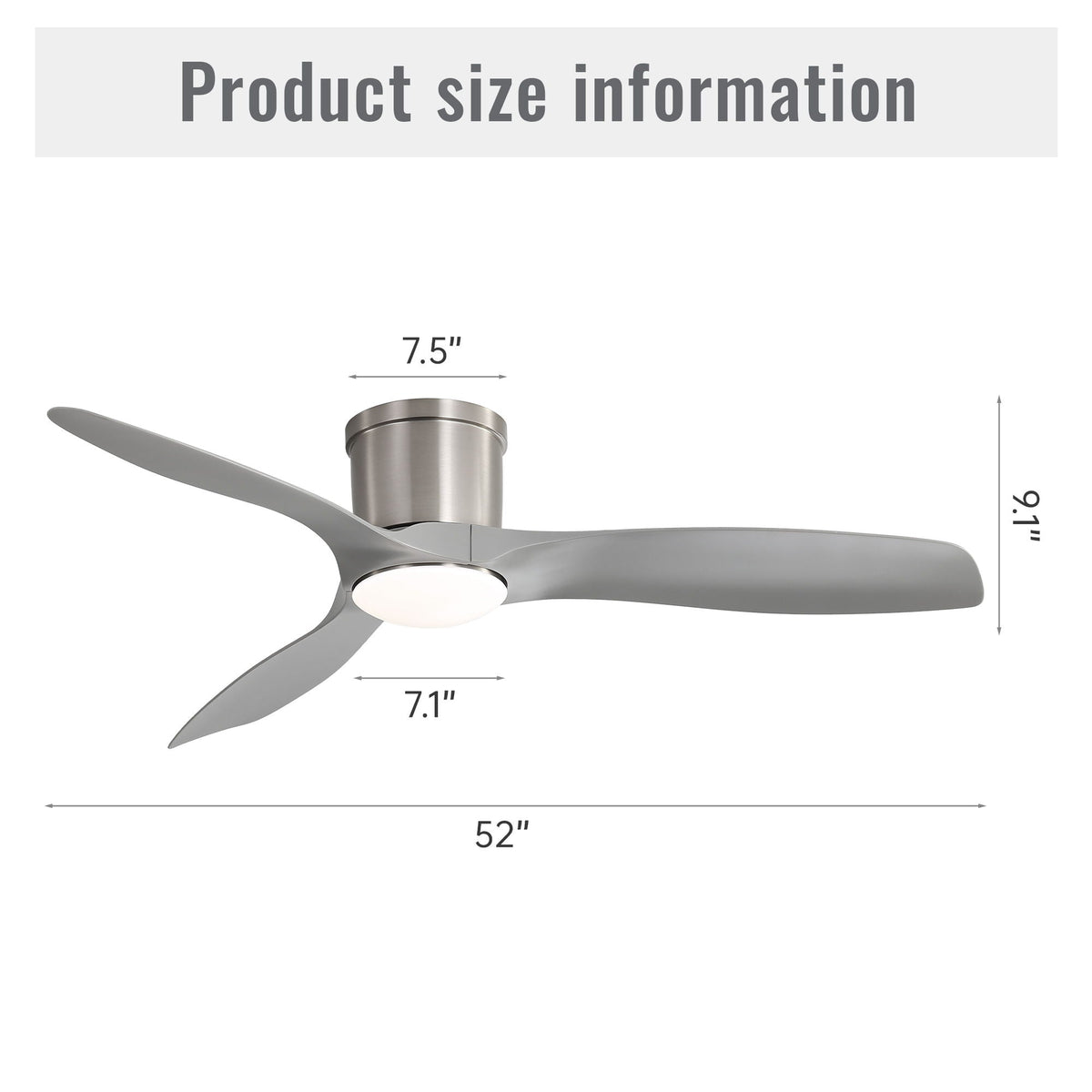 Flush Mount Ceiling Fan with dimmable LED light and reversible DC motor Pearl Silver on Tampa Home & Garden Store