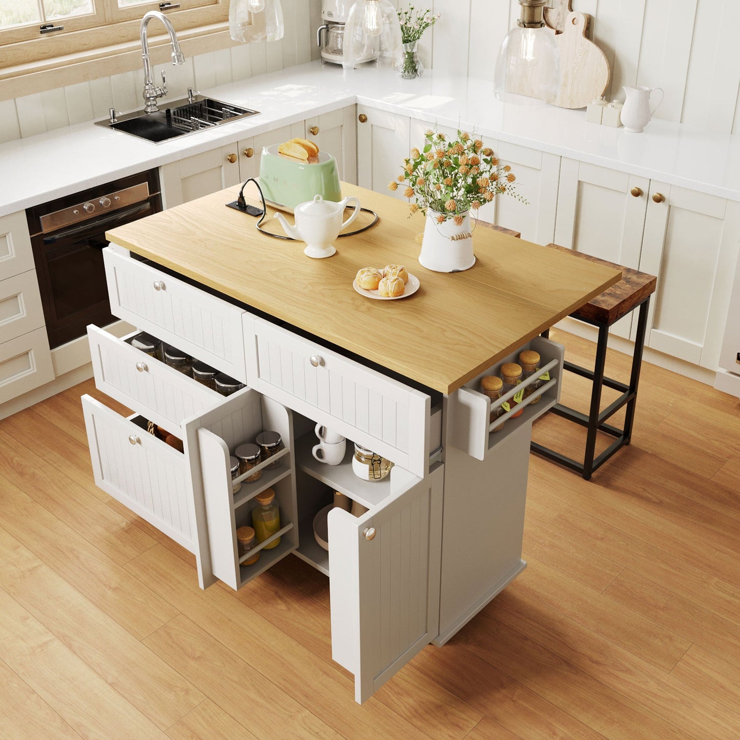 Farmhouse Kitchen Island With Drop Leaf and Seats