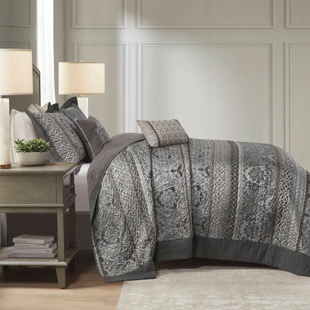 Reversible Jacquard Queen Bedspread Set with decorative pillows in neutral tones by HouseOfZazla on Tampa Home & Garden Store