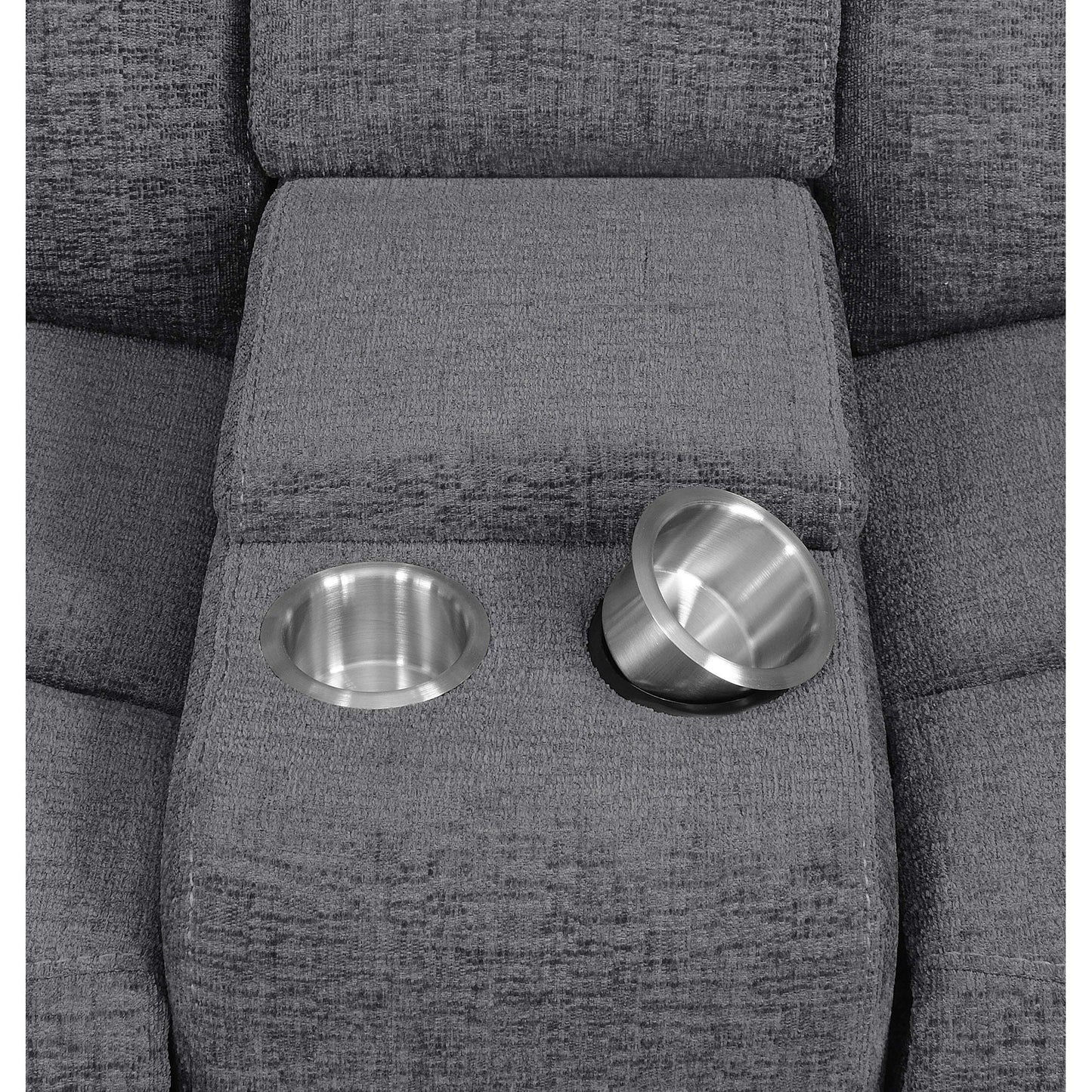 Divine 6 Piece Reclining Sectional in dark gray textured fabric with two metal cups on Tampa Home & Garden Store