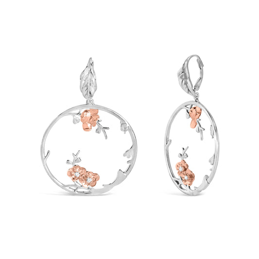 Pair of rose gold plated sterling silver floral hoop earrings with 1/10 ct diamonds I-J SI1-SI2 on Tampa Home & Garden Store