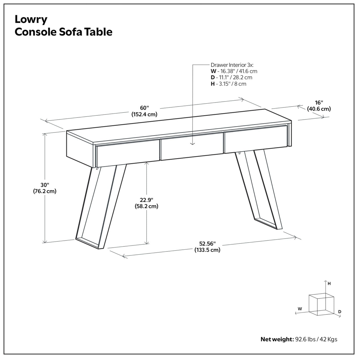 Oak Lowry Console Sofa Table with 3 storage drawers; angled legs by HouseOfZazla on Tampa Home & Garden Store
