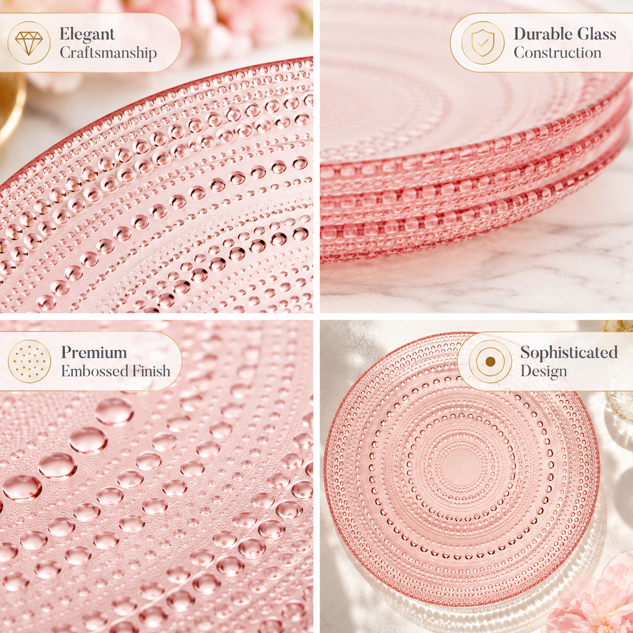 Blush Pink Hobnail Glass Dinner Plates Set of 4