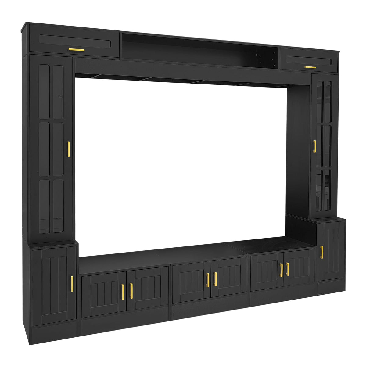 Wall Unit Entertainment Center by HouseOfZazla black with glass doors and gold handles on Tampa Home & Garden Store