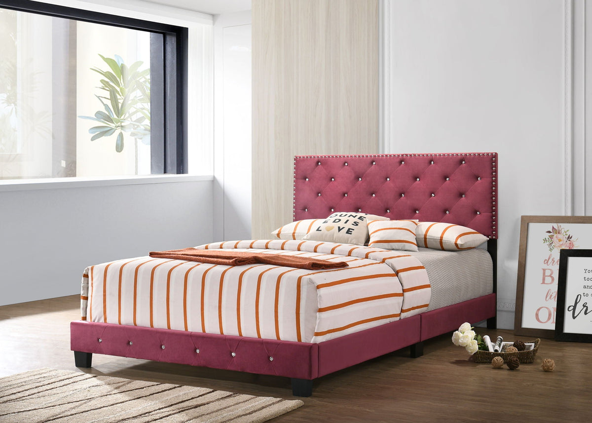 Luxurious upholstered bed by HouseOfZazla with pink tufted headboard and crystal studs on Tampa Home & Garden Store