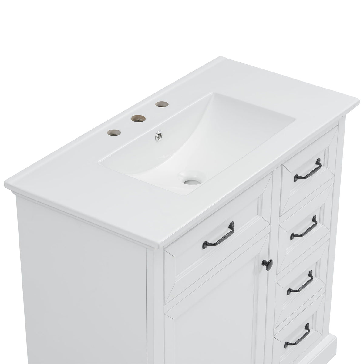 36-inch white bathroom vanity with sink, faucet holes, and soft-close hinges on Tampa Home & Garden Store