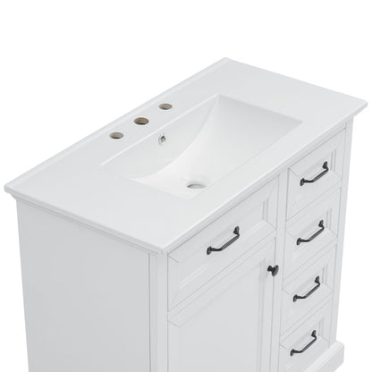 36-inch white bathroom vanity with sink, faucet holes, and soft-close hinges on Tampa Home & Garden Store