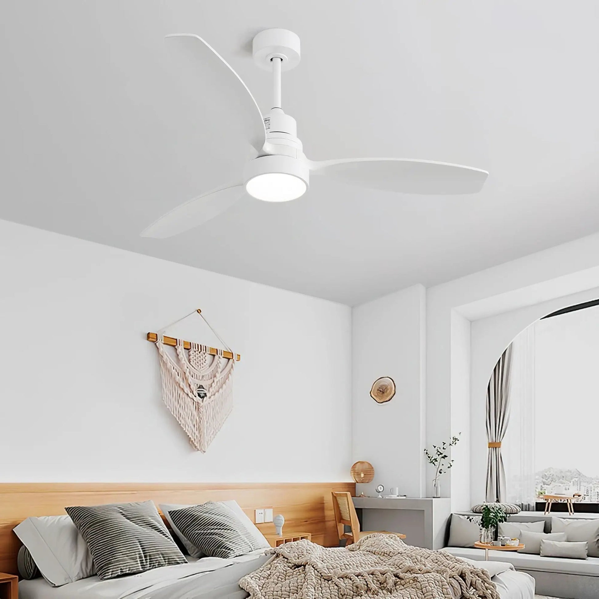 White ceiling fan with LED light and three solid blades, remote control on Tampa Home & Garden Store