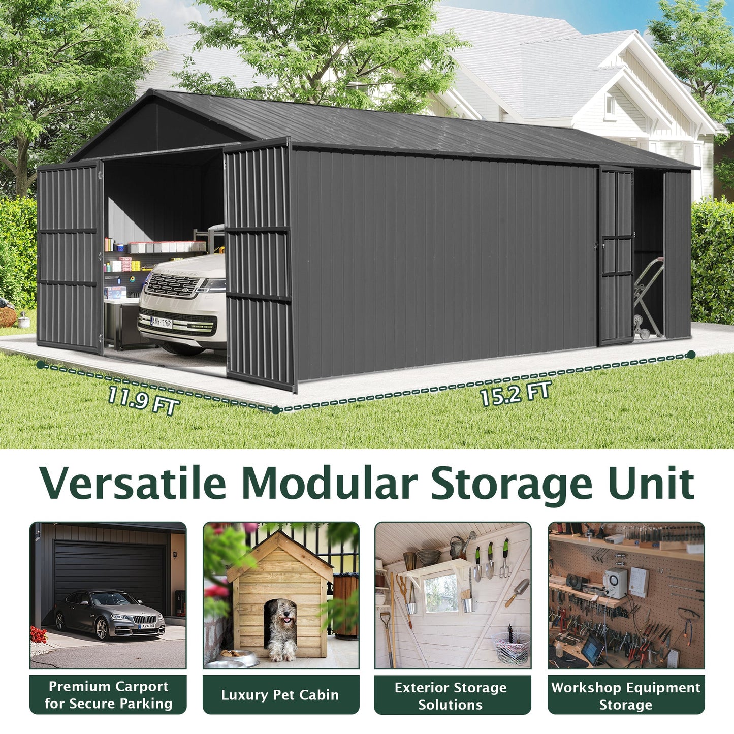 12x15FT Outdoor Metal Garage Shed by HouseOfZazla, black steel with double doors on Tampa Home & Garden Store