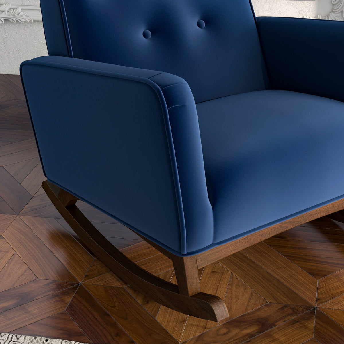 Demetrius solid wood rocking chair in deep blue with curved arms and wooden rockers on Tampa Home & Garden Store