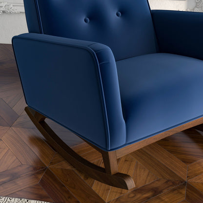 Demetrius solid wood rocking chair in deep blue with curved arms and wooden rockers on Tampa Home & Garden Store