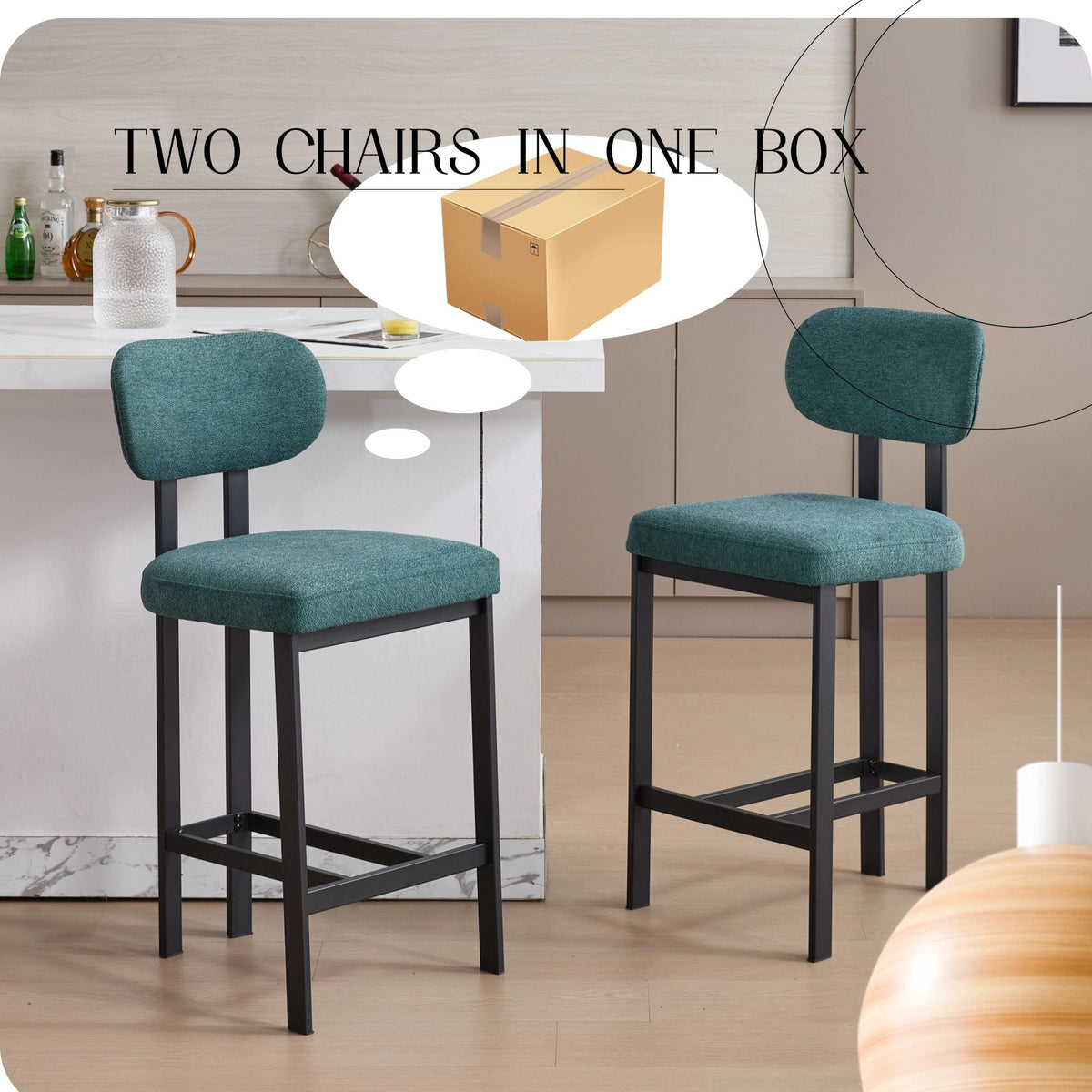 Set of 2 modern counter-height stools with teal upholstery and black metal legs on Tampa Home & Garden Store