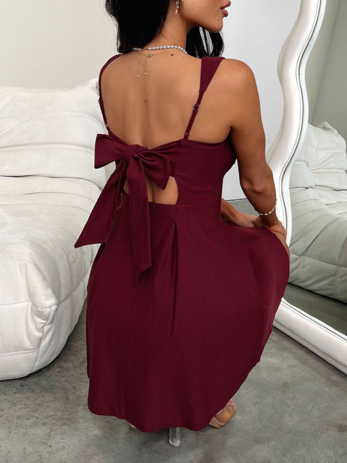 Stevvex burgundy bow-back square-neck dress with open back on Tampa Home & Garden Store