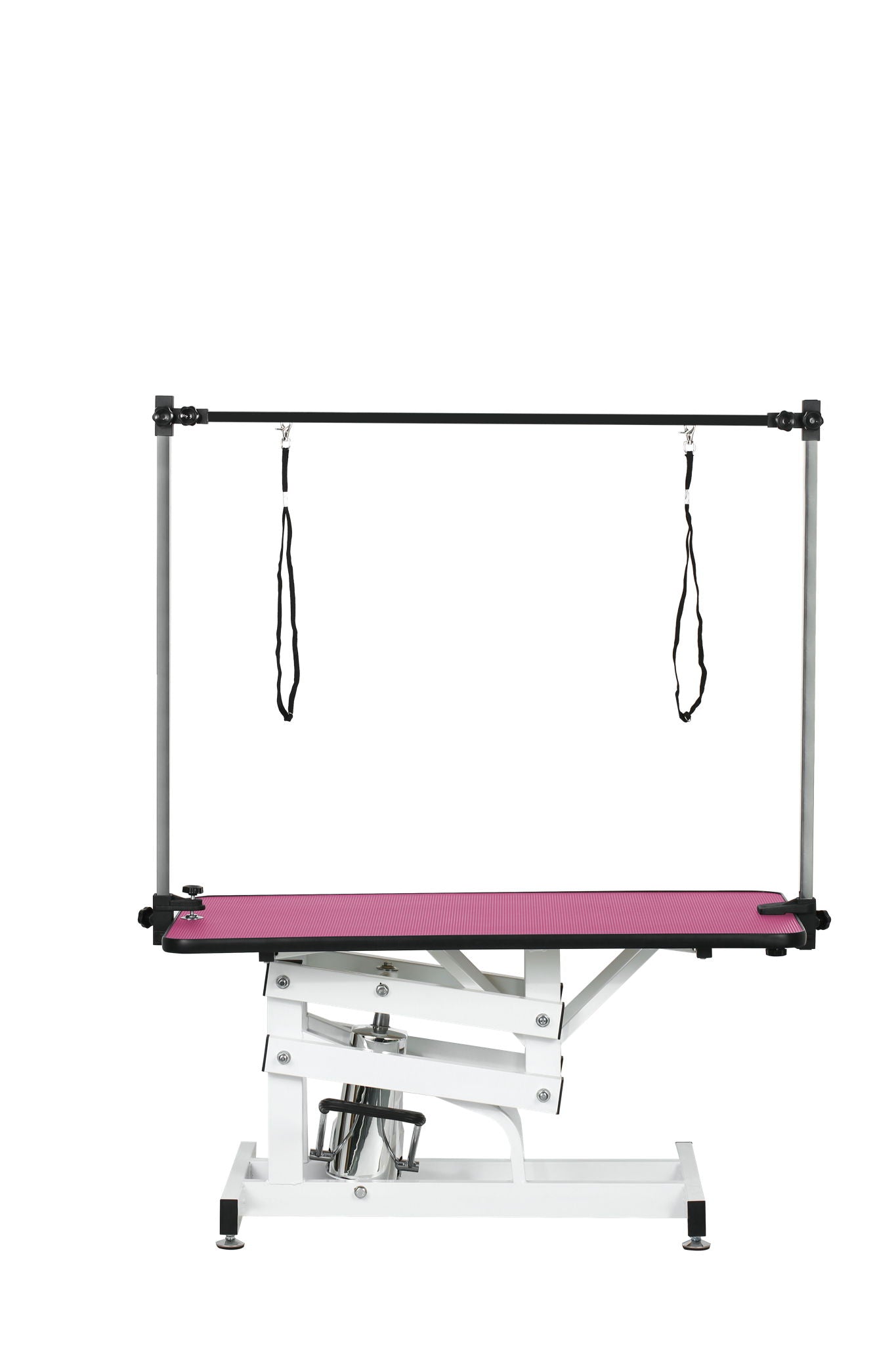 Hydraulic pet grooming table with H-arm, pink non-slip surface, metal frame, HouseOfZazla on Tampa Home & Garden Store