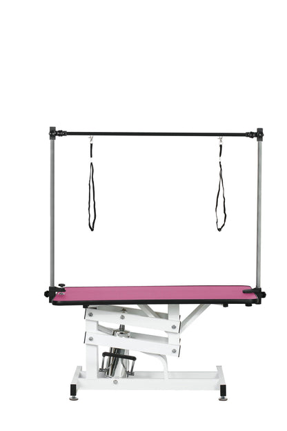Hydraulic pet grooming table with H-arm, pink non-slip surface, metal frame, HouseOfZazla on Tampa Home & Garden Store